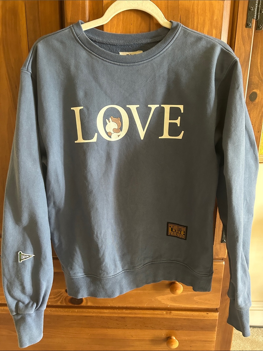 Line Friends Bear NYC Blue Crewneck Sweatshirt with 'LOVE' Graphic